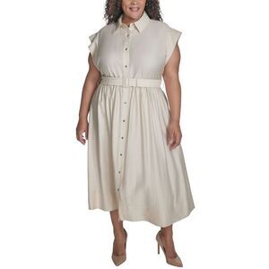 DKNY Womens Plus Size Cap-Sleeve Belted Midi Shirtdress 18W Beige - NWT